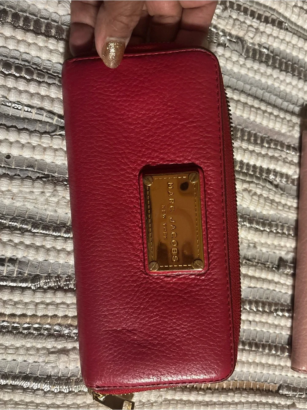 Marc Jacobs Red Leather Zip Wallet with Gold Plaque